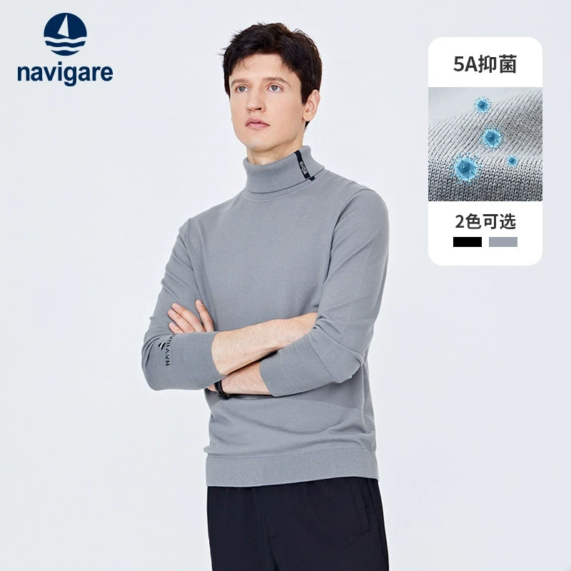 [纯羊毛]Navigare意大利小帆船灰色套头毛衣男冬季保暖打底针织衫