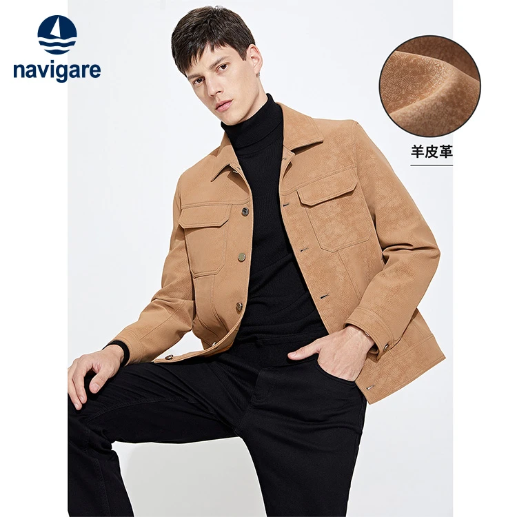 navigare意大利小帆船春秋男士翻毛皮大气商务经典翻领皮衣男外套