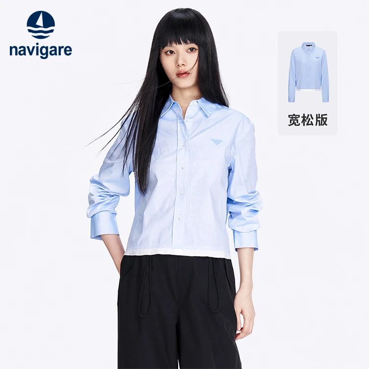 [纯棉亲肤]navigare意大利小帆船蓝色长袖衬衫女士小个子休闲衬衣