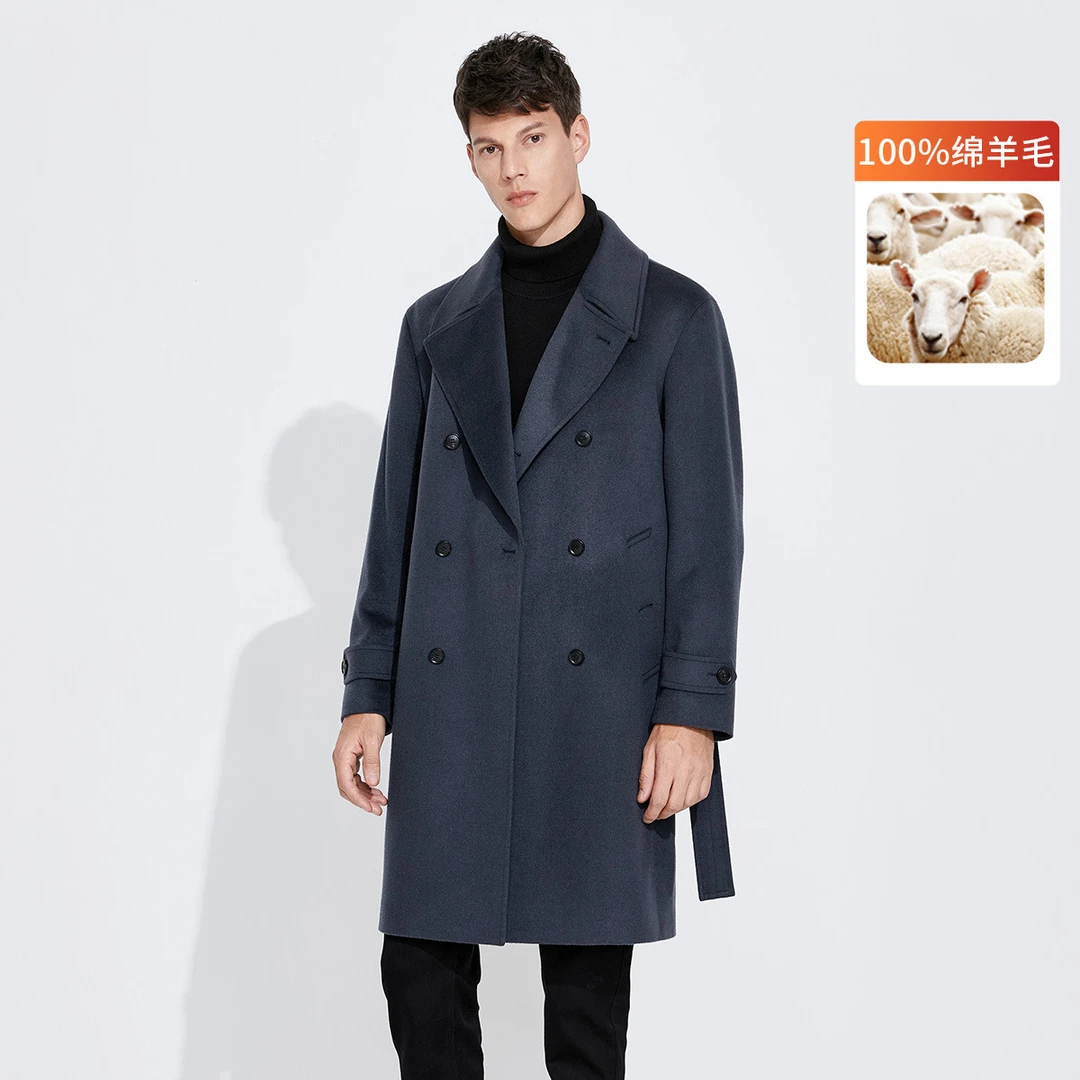 navigare意大利小帆船秋冬纯羊毛长款毛呢大衣男士休闲双排扣外套