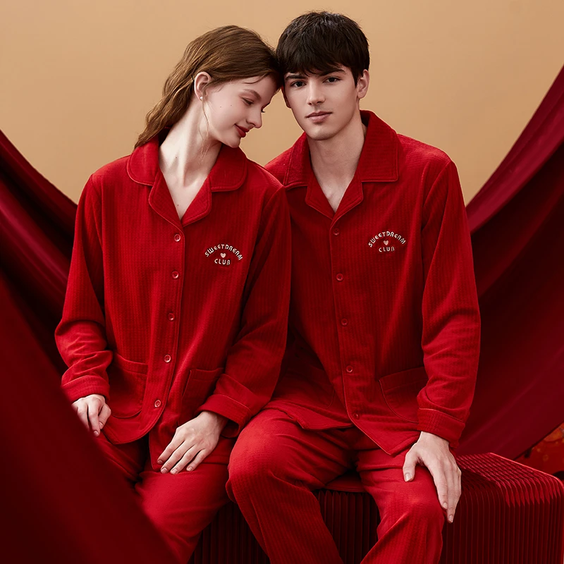 【沐夏】海岛绒睡衣情侣结婚新婚秋冬加绒家居服红色本命年男女套装