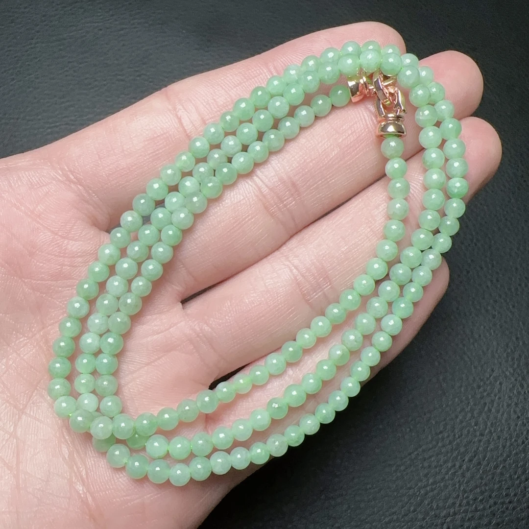 缅甸天然翡翠A货 冰胶满绿小米珠项链链精致时尚百搭女款卡4mm