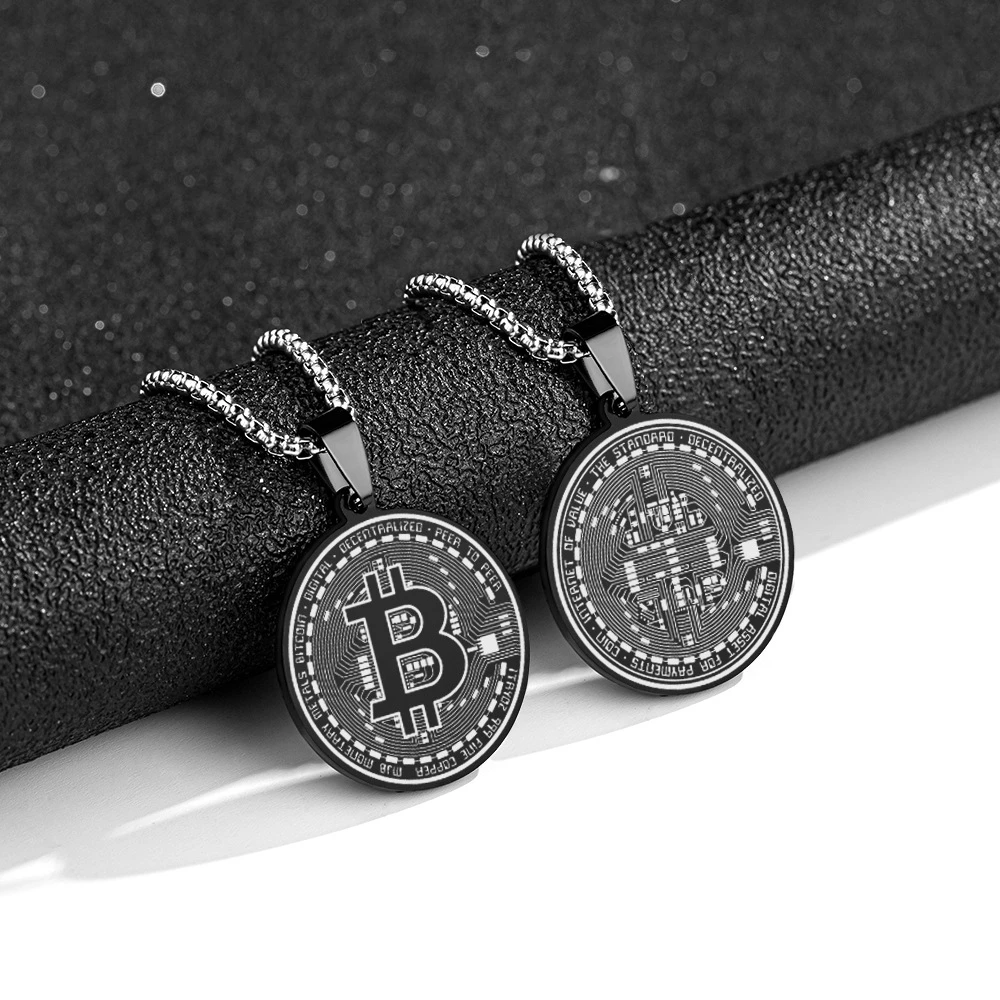 不锈钢项链 比特大饼币项链bitcoin符号不锈钢圆形刻字项链吊坠
