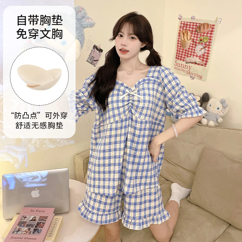 夏季新款女款套头短袖短裤带胸垫简约休闲可外穿家居服套装95000