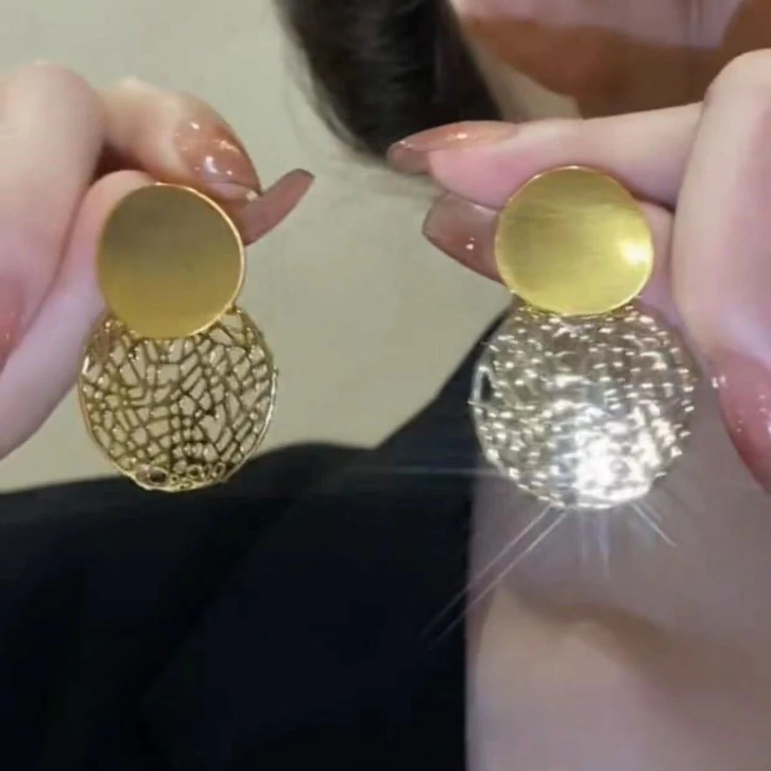 欧美网状金属圆形耳钉女高级感个性气质夸张耳环新款时尚耳饰