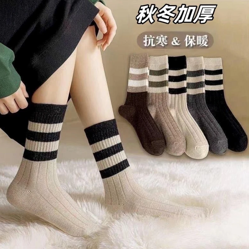 秋冬中筒袜新款加厚保暖高帮长袜ins百搭中筒袜条纹潮袜女袜子