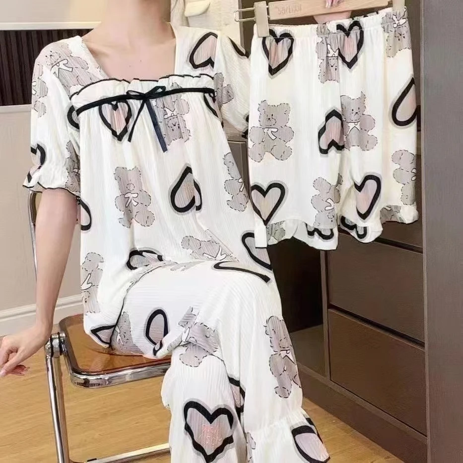 夏天薄款性感睡衣女套装法式方领女士休闲大码甜美家居服三件套