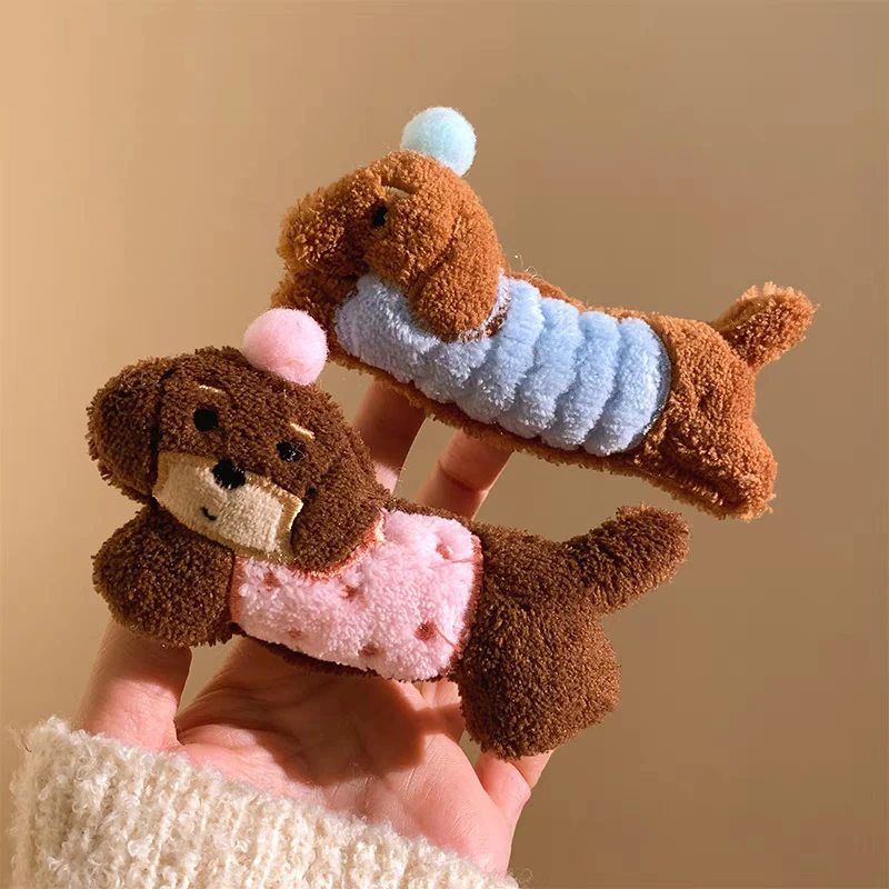 圣诞超萌可爱毛绒腊肠狗发夹女侧边刘海大号发卡头饰夹子鸭嘴夹女