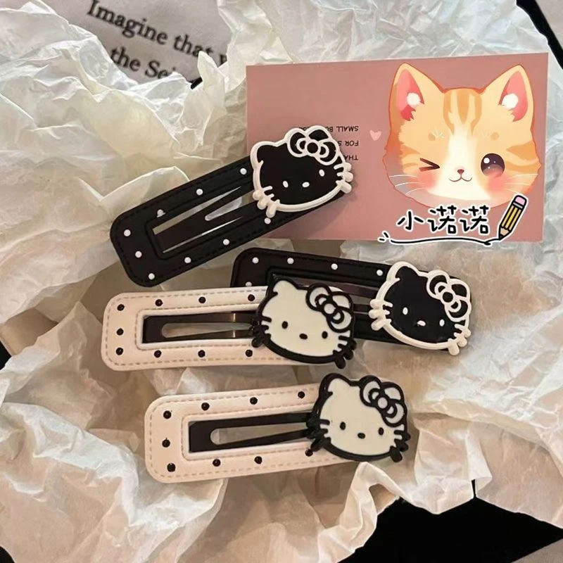 韩版黑白波点kt猫可爱皮质发夹BB侧边刘海夹边头饰发卡碎发夹子