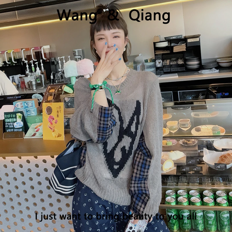 【慵懒风爱心毛衣】秋季新款时尚拼接休闲上衣