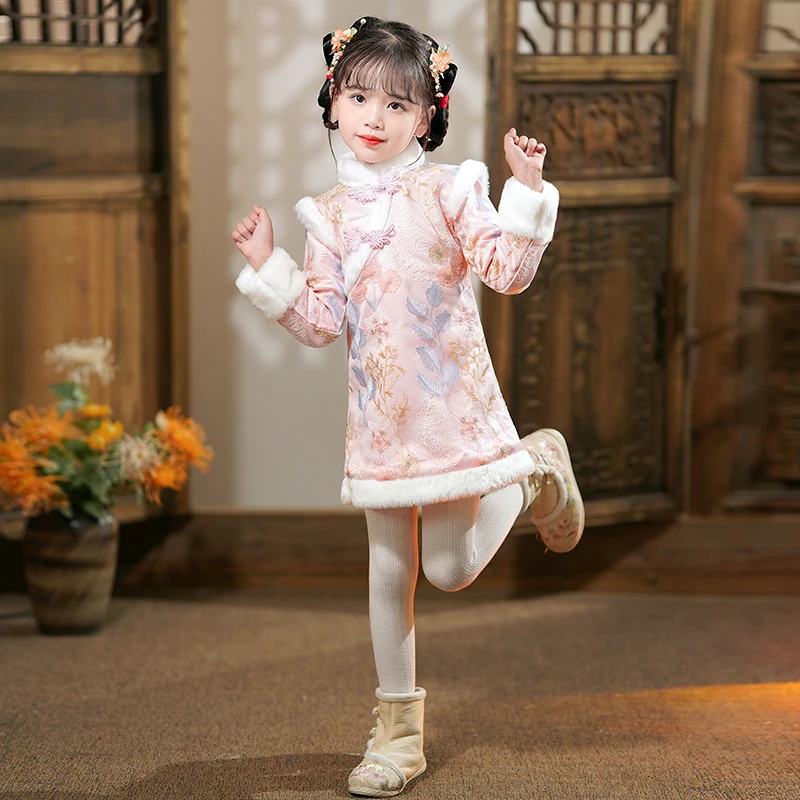 中国风唐装拜年服女童旗袍冬装2025新款儿童加绒加厚小女孩连衣裙
