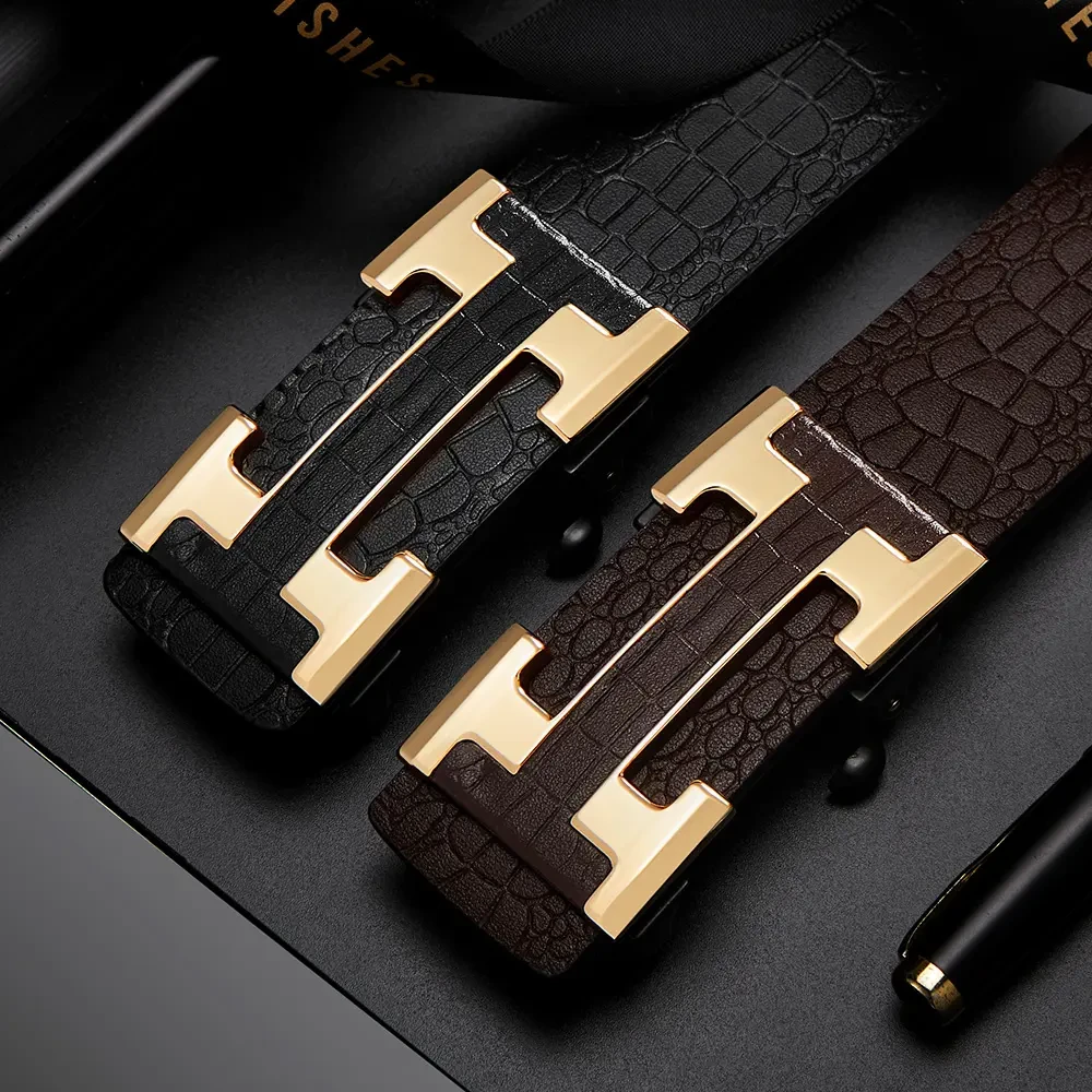 高档新款男士鳄鱼纹无牙自动扣内穿商务腰带时尚裤腰带个性中年