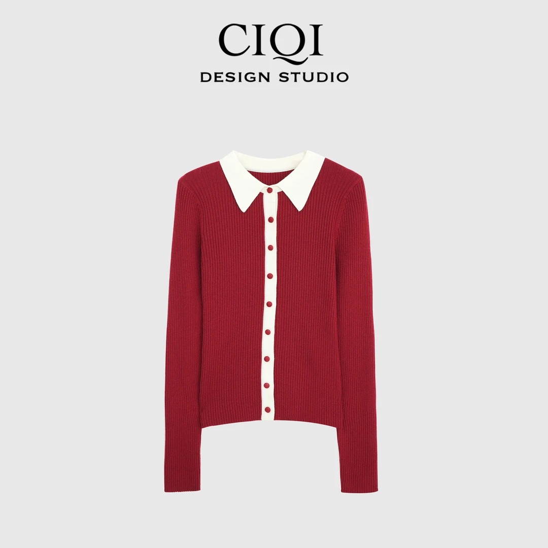 CIQI STUDIO【金标系列】秋季轻奢极简风翻长袖领针织开衫 T20001