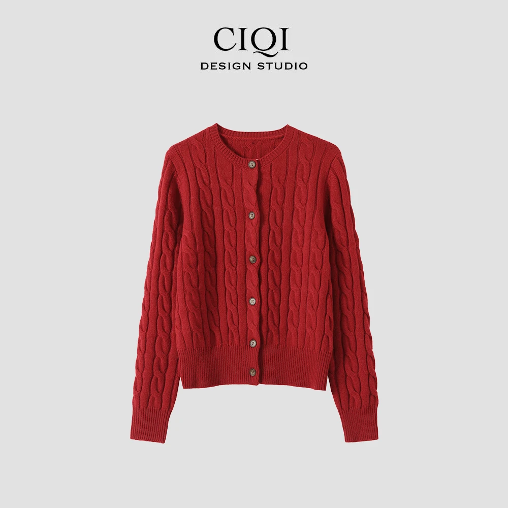 CIQI STUDIO 【高端系列】法式老钱风100%绵羊毛开衫女圆领麻花外套