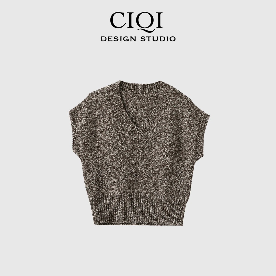 CIQI STUDIO[高端系列]秋冬V领宽松绵羊毛花纱马甲背心W24307FW