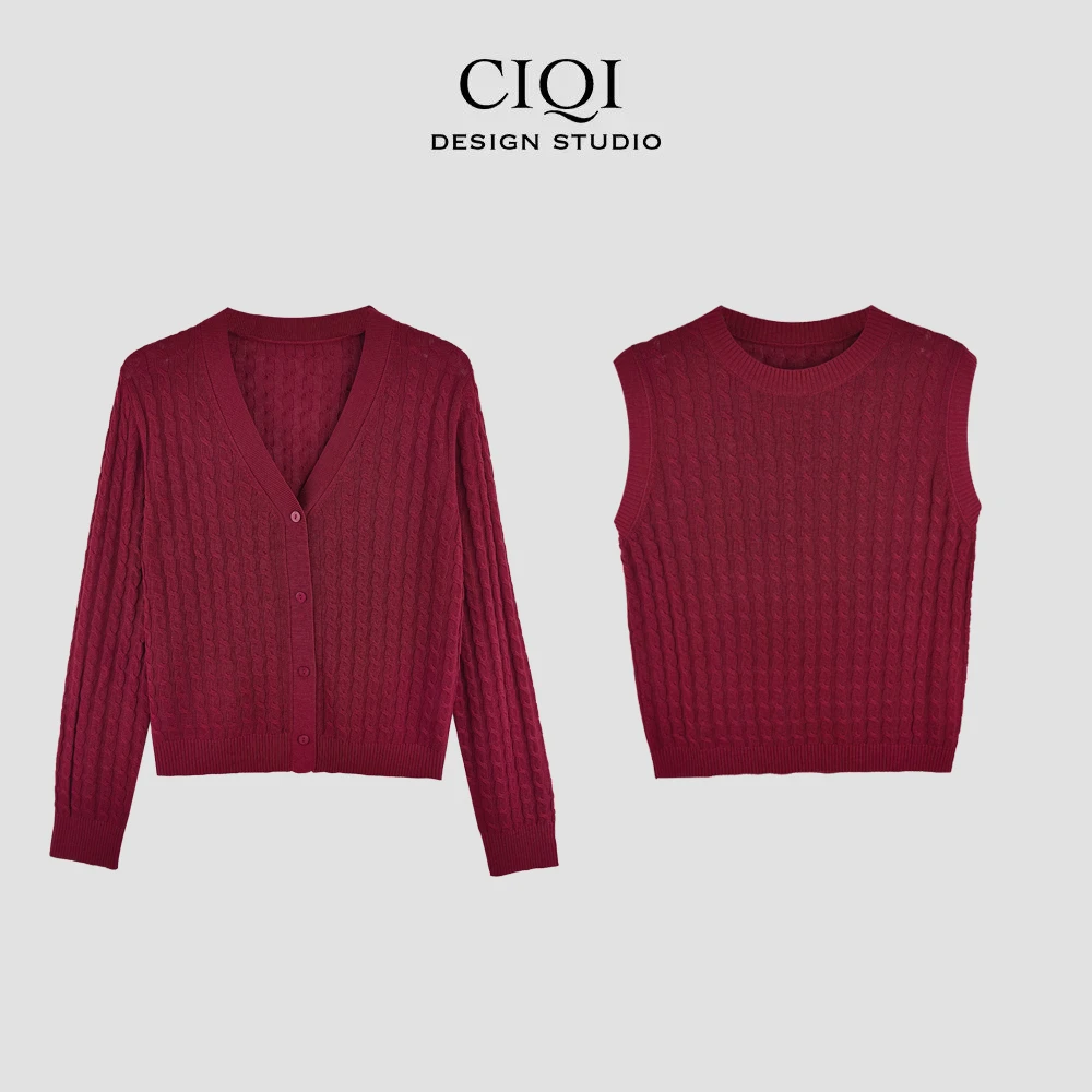 CIQI STUDIO 开衫背心老钱极简风采用天丝亚麻修身时尚显瘦套装