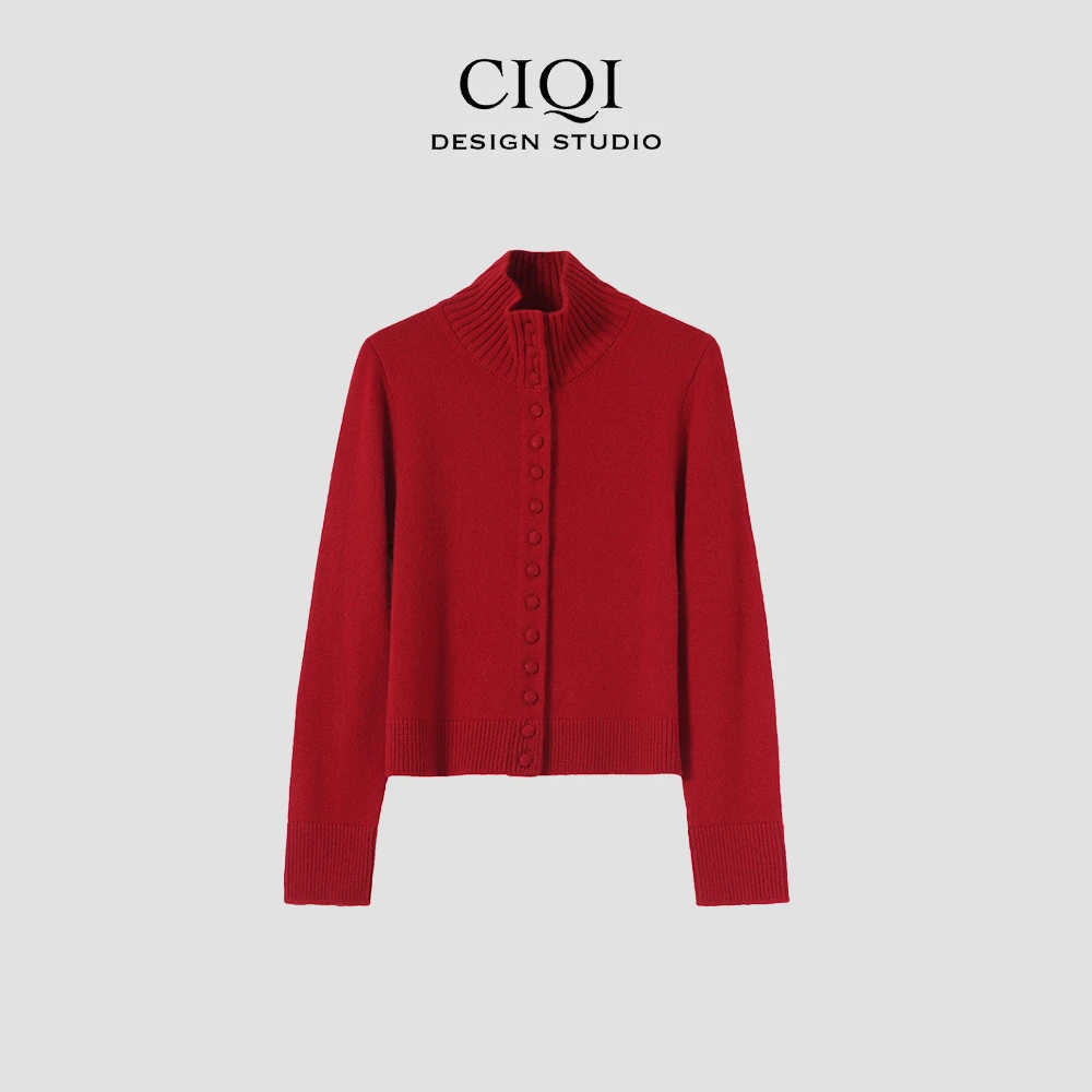 CIQI STUDIO 【高领豆豆扣】秋冬高端圆领长袖100%绵羊毛针织开衫