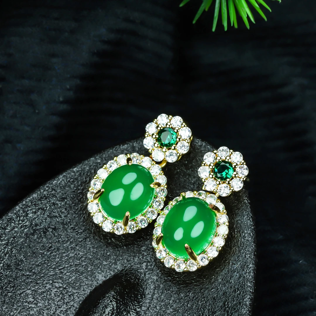 玉髓 【H13】经典气质鸽子蛋绿色银针耳环气质时尚古风耳环