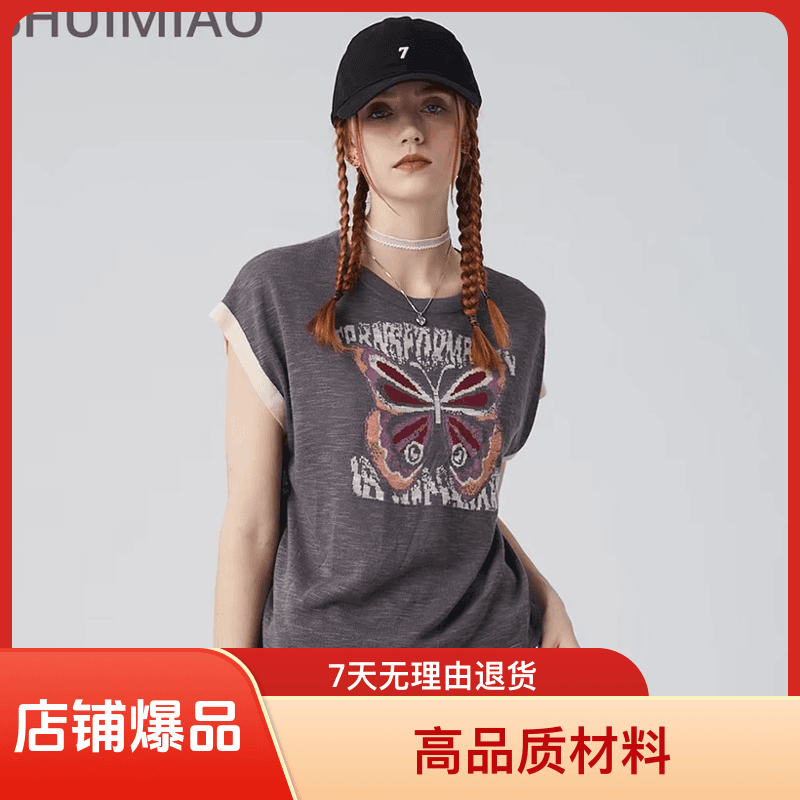 水淼 【】8608时尚休闲宽松圆领针织印花上衣2024年夏