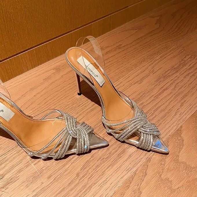 凉鞋女2024年白色轻奢高跟鞋细跟尖头包头水钻气质透明水晶鞋婚鞋