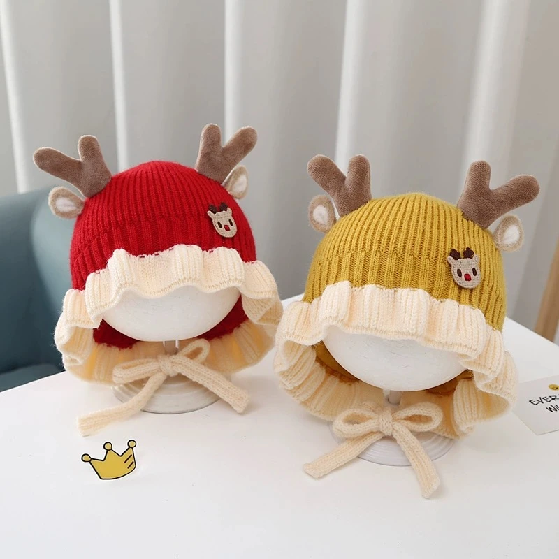 婴儿帽子秋冬季可爱荷叶边女宝宝护耳毛线帽冬天婴幼儿保暖针织帽