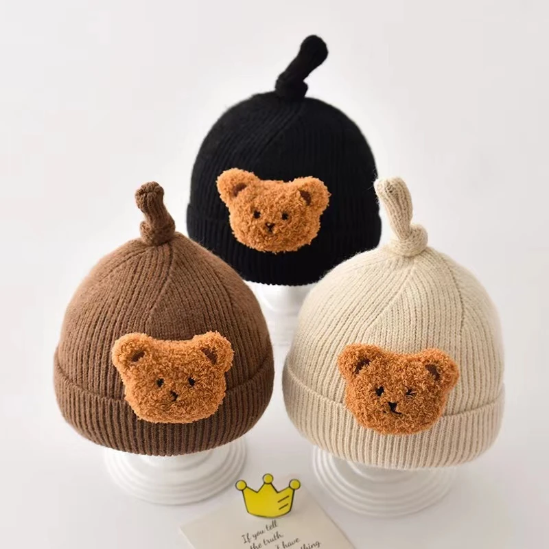 加内衬ins婴儿帽毛线帽秋冬季宝宝套头帽可爱小熊啾啾帽针织帽子