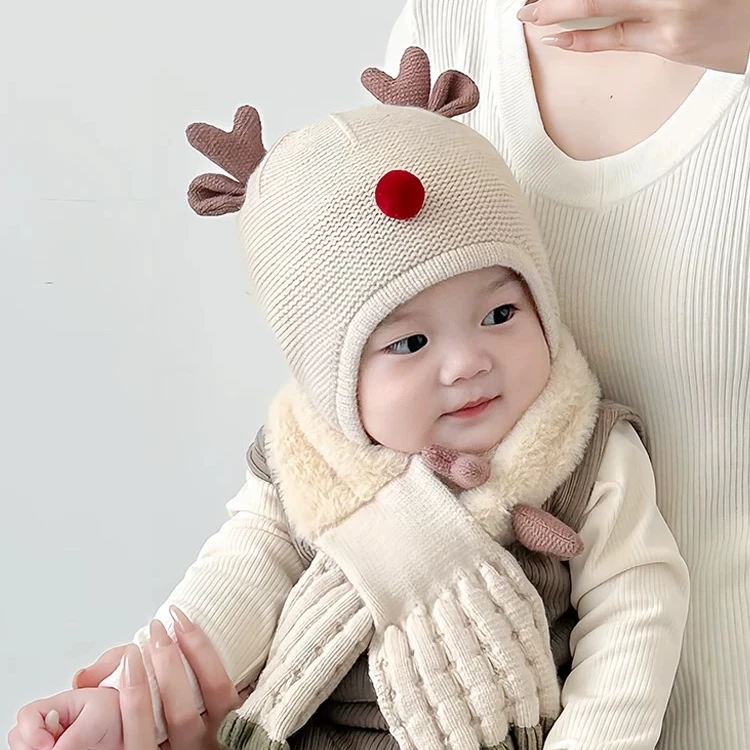 婴幼儿帽子秋冬鹿角毛线帽宝宝洋气套头帽保暖冬天儿童双层护耳帽