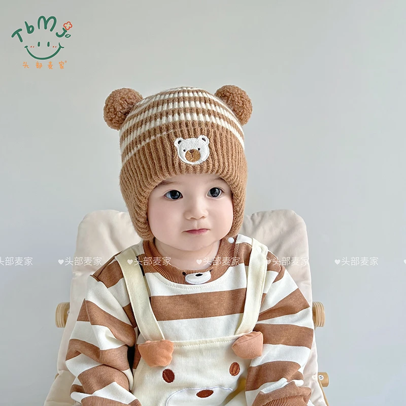 护耳帽宝宝秋冬季婴儿帽子韩版小熊幼儿男童保暖针织帽防风毛线帽