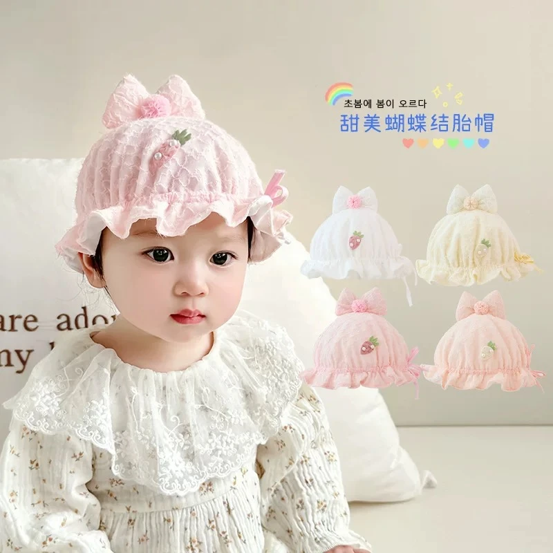 宝宝帽子春秋薄款甜美公主帽新生儿胎帽蕾丝女宝宝渔夫帽盆帽夏季