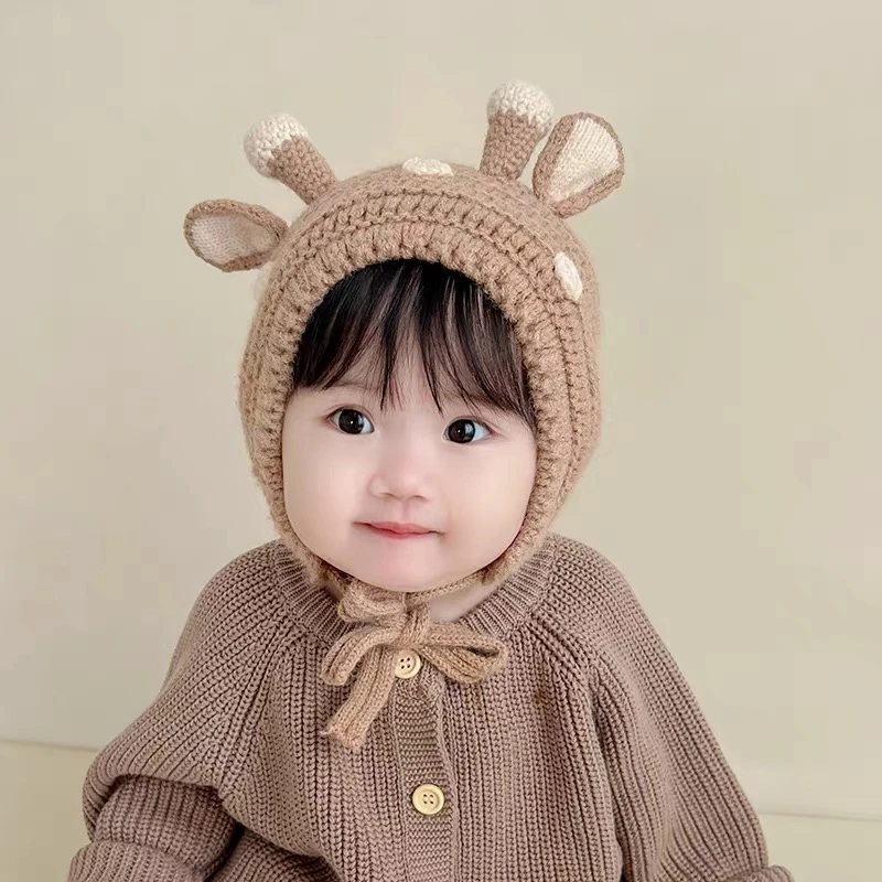婴儿帽子秋冬款可爱小鹿造型针织护耳帽冬天男童女宝宝加厚毛线帽