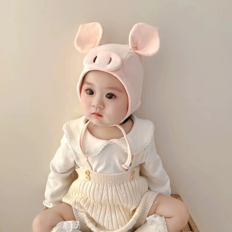 婴儿帽子棉可爱猪猪护耳帽子男女宝宝新生婴幼儿童春秋冬护囟门帽
