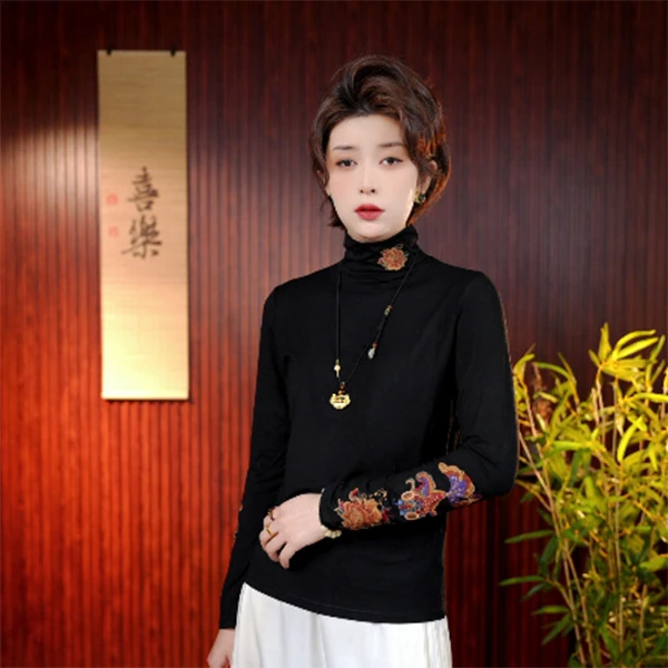 [夜幕]周周高定半高领气质优雅百搭新中式刺绣打底衫ZZHZ150
