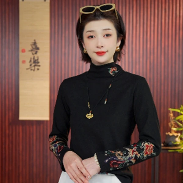 [舞锦]周周高定半高领气质加厚优雅新中式刺绣打底衫ZZHZ143