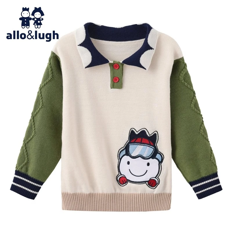 阿路和如儿童外套新款男童休闲撞色学院风翻领毛衣上衣