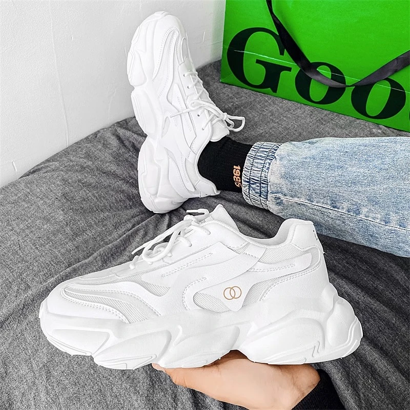 男鞋春季透气薄款青少年网面百搭休闲跑步运动男款厚底小白老爹鞋