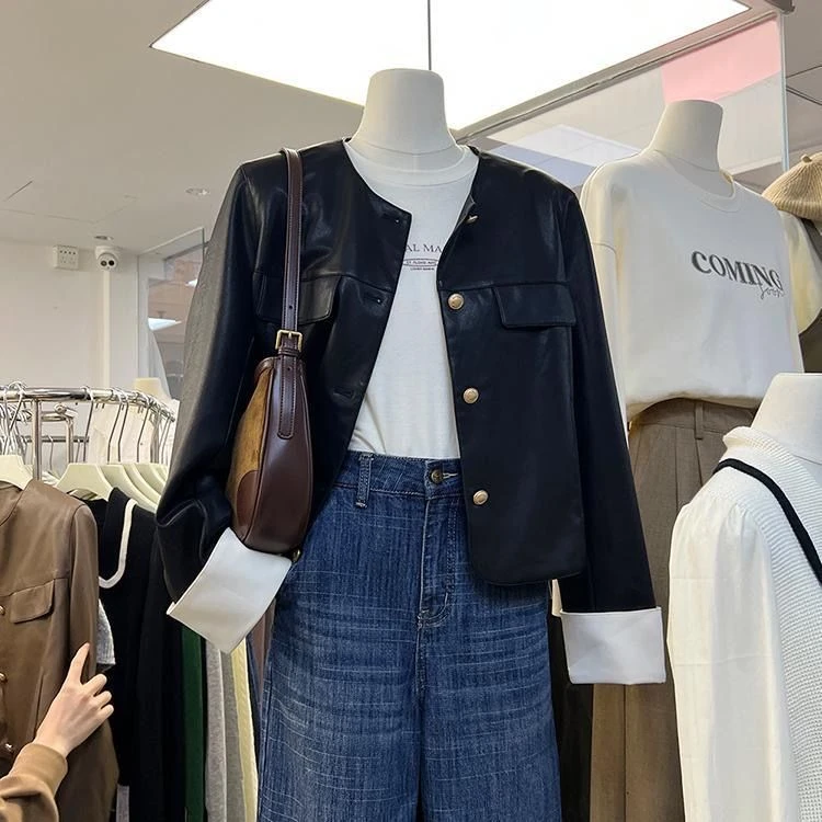 秋季海宁女士长袖皮衣外套小香风洋气韩版气质休闲百搭显瘦时尚