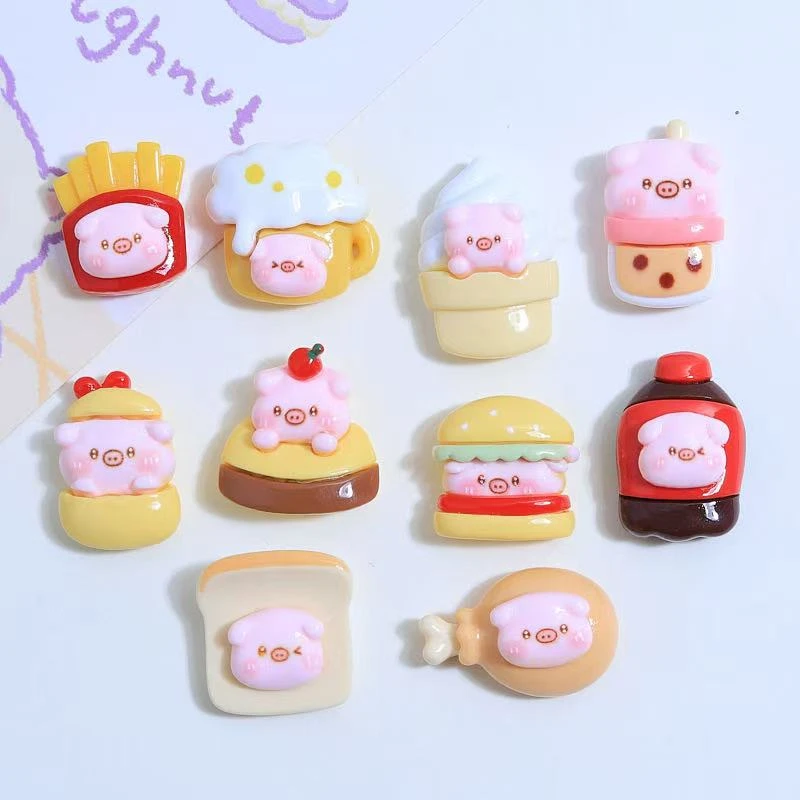 （许愿+对对碰）食玩猪猪汉堡薯条手工diy头饰发夹饰品树脂配件