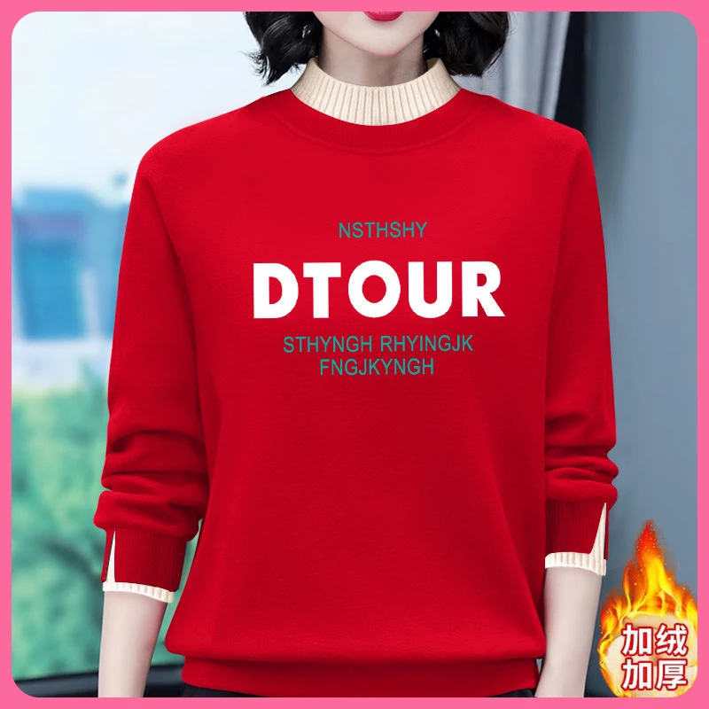 新品【银狐绒】秋冬爆款红色半高领加绒宽松显瘦时尚百搭长袖韩版