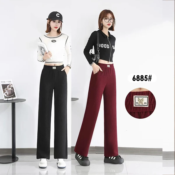春秋新款高弹力宽松显瘦松紧腰百搭外穿直筒裤休闲裤条绒女裤 07