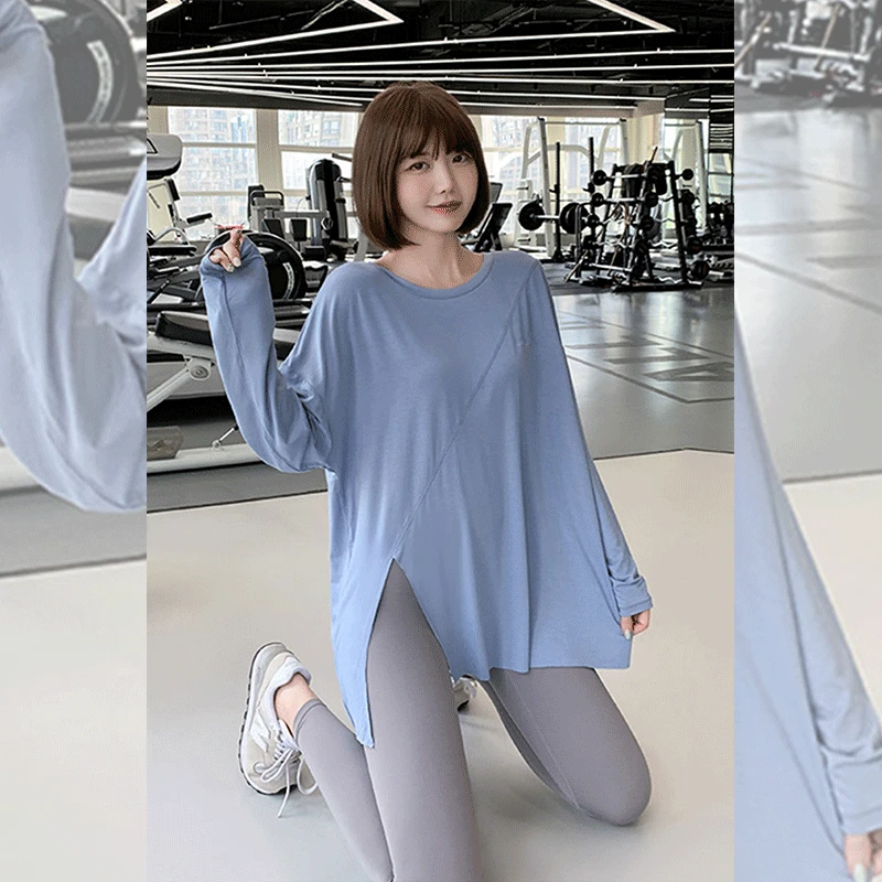 开叉运动上衣女宽松跑步罩衫速干T恤大码胖mm健身服长袖瑜伽上衣