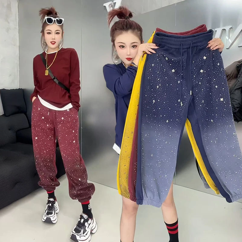 渐变色满天星空裤女秋冬新款加绒加厚运动裤小个子九分宽松束脚裤