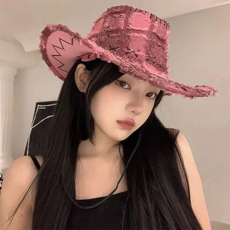 辣妹~玫粉色西部牛仔帽子女夏季遮阳防晒帽户外露营登山渔夫帽潮