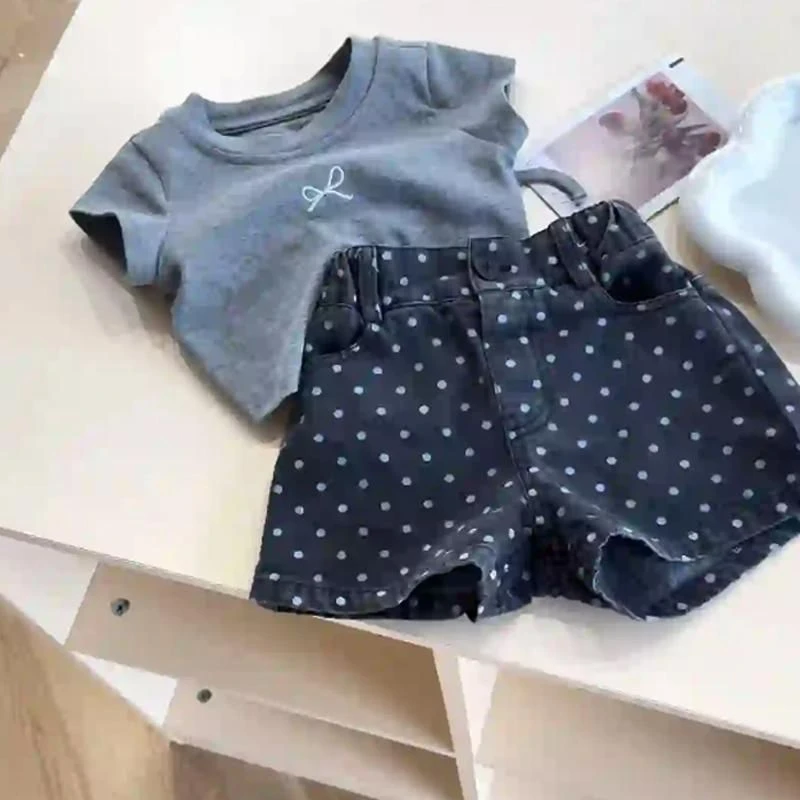 韩国洋气时髦女童夏装套装2024新款儿童休闲短袖t恤波点短裤