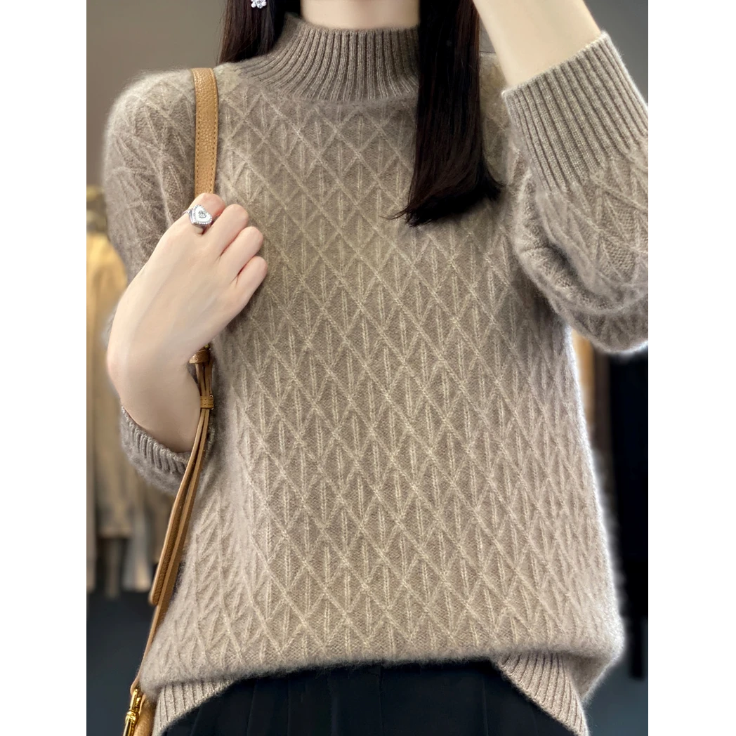 【梅姐专属】女士菱形时尚百搭半高领提花针织羊绒衫QHDMR-D121