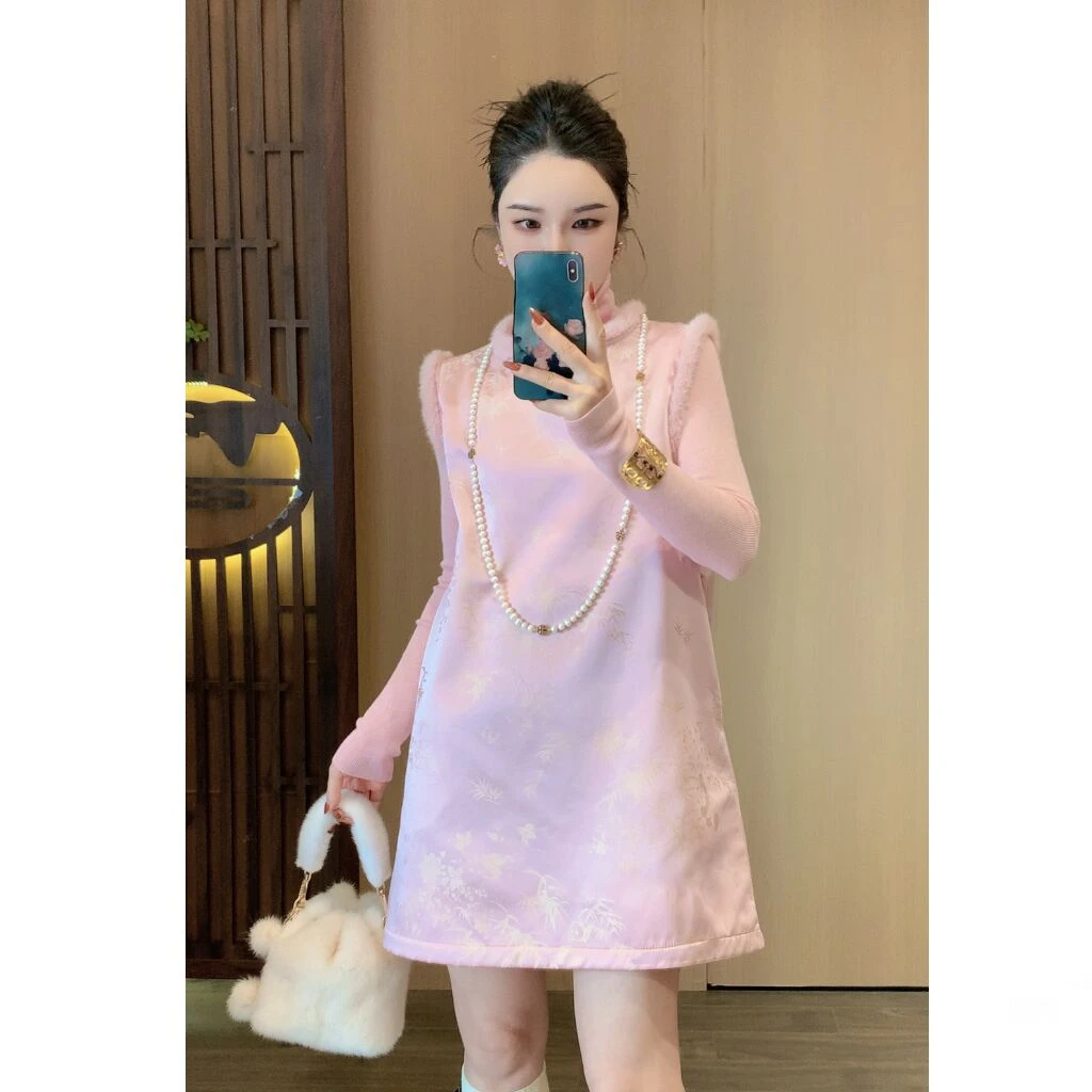 【竹报新春】新中式中国风旗袍宽松短款加绒加厚连衣裙短裙女