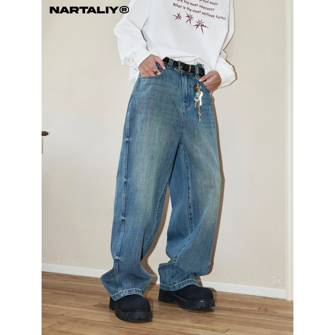 NARTALIY复古纯棉牛仔裤男春秋潮街头痞帅宽松直筒裤阔腿长裤V209