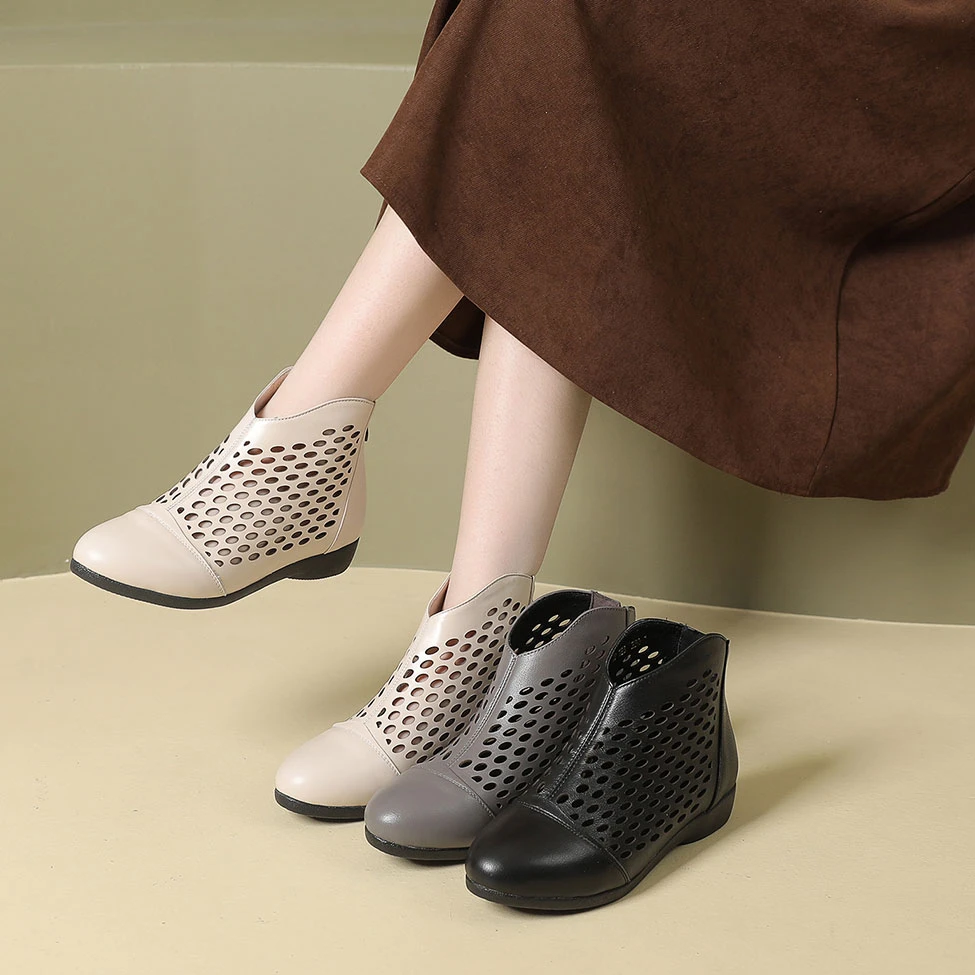 真皮镂空凉靴夏季舒适新款软底平底妈妈大码女鞋短靴透气洞洞靴