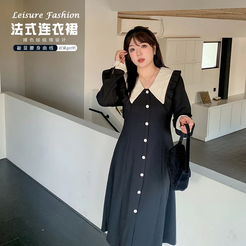 【霏霏推荐】时尚黑色中长款气质拼接娃娃领连衣裙-L267