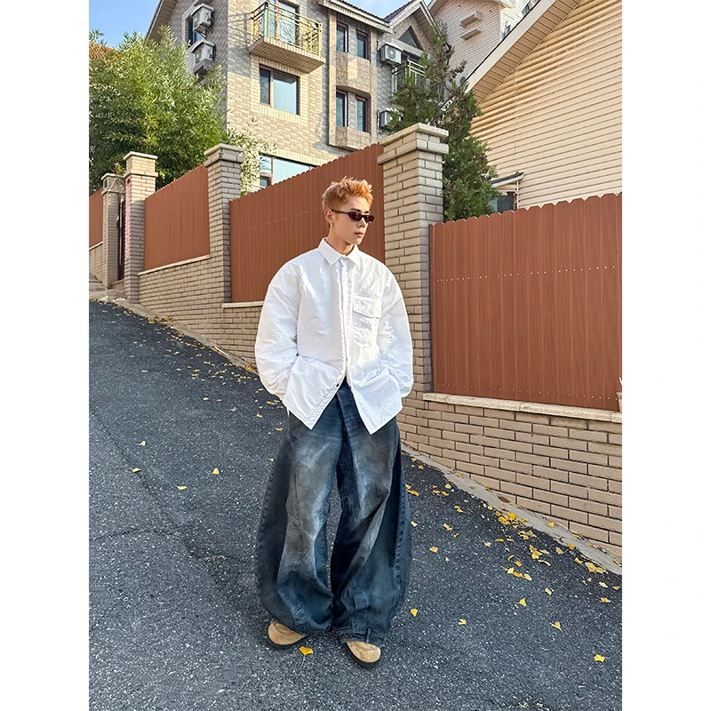 DBWDoublewin高级感褶皱纹理纯色夹棉衬衫外套男轻薄棉服宽松衬衣