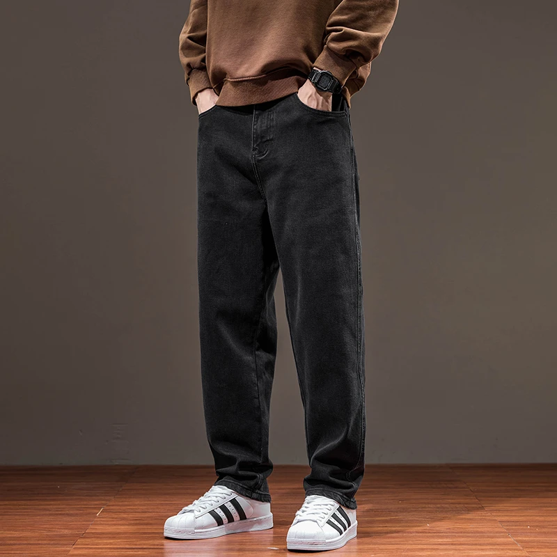 黑色牛仔裤男款2025秋冬新款宽松弹力长裤潮流休闲加绒牛仔男裤子